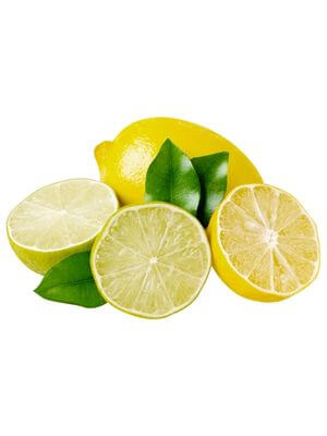 Fresh yellow lemon and sliced lime halves with green leaves