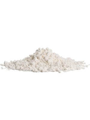 Mound of white mica powder with subtle shimmer on a white background