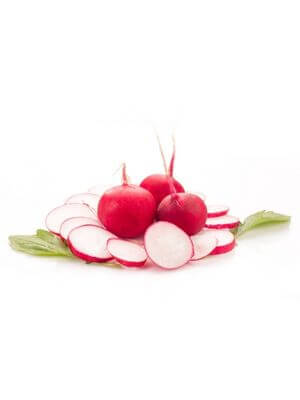 Cluster of whole red radishes accompanied by thinly sliced radish pieces and green leaves